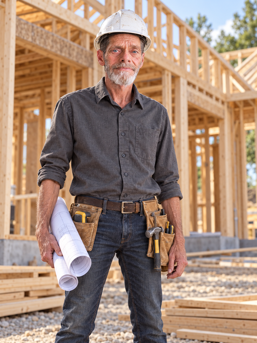 On the jobsite — hardhat, blueprints, and tools