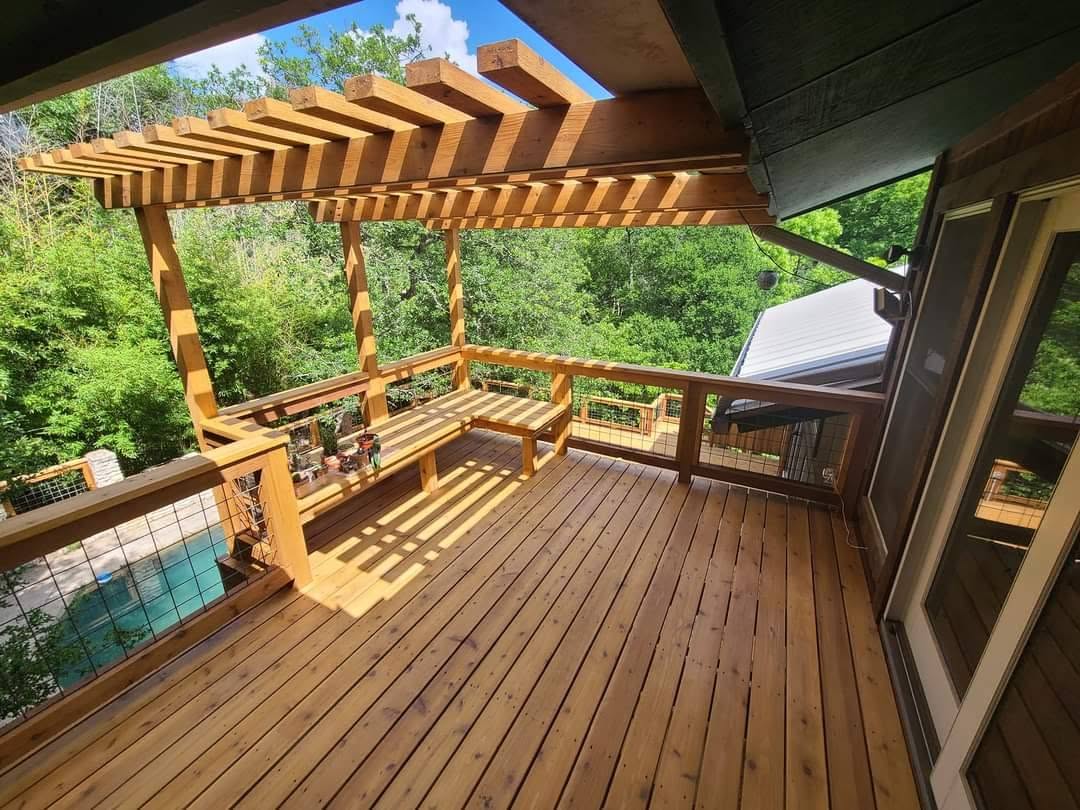 Pergola deck with built-in seating